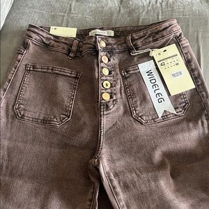 Wide Leg Chocolate Brown Jeans with Unique Buttons